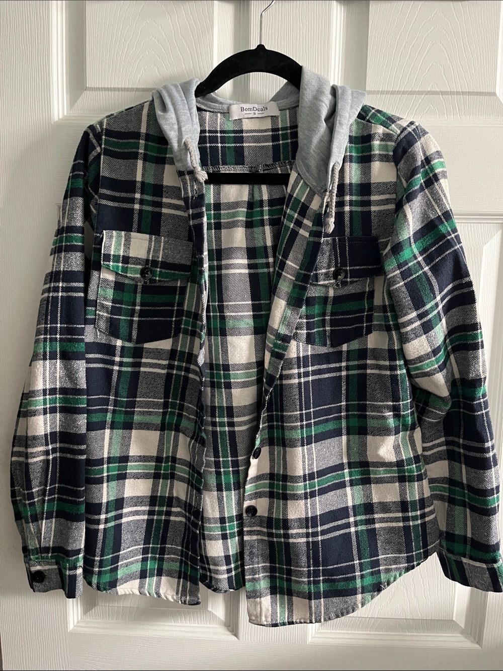 Women’s Button-Down Flannel Hooded Shirt - Navy, Green & White